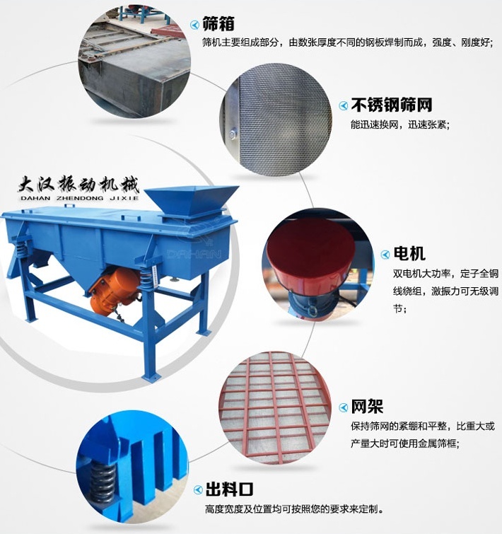 525型直線振動篩結(jié)構(gòu)細節(jié)：篩箱：篩機主要組成部分，由數(shù)張厚度不同的鋼板焊制而成，強度，剛度好。不銹鋼篩網(wǎng)：能速換網(wǎng)，迅速張緊。電機：雙電機大功率，定子全銅線繞組，激振力可無級調(diào)節(jié)。網(wǎng)架：保持篩網(wǎng)的緊繃和平整，比重大或產(chǎn)量大時可使用金屬篩框。出料口：高度寬度及位置均可按照您的要求定制。