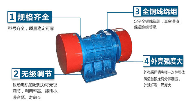 VB振動電機特點：1，規(guī)格齊全：型號齊全，質量穩(wěn)定可靠。2，無極調節(jié)：振動電機的激振力可無極調節(jié)，利用率高，能耗小，噪音低，壽命長。4，外殼輕度大：外殼采用消失模一次性整體鑄造替換原有分體制造，外觀好看，強度大。
