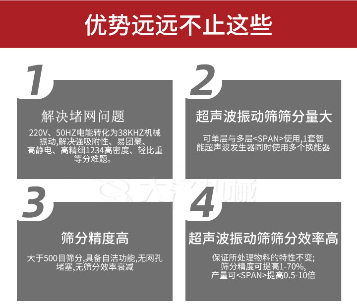 超聲波振動篩優(yōu)勢：1，高效解決堵網(wǎng)問題220V，50HZ電能轉化為38KHZ機械振動，解決強吸附性，易團聚，高靜電，高精細1234高密度，輕比重等難題。2，超聲振動篩篩分量大：可單層與多層使用1套只能超聲波發(fā)生器同時使用多個換能器。3，適合大于500目篩分，具備自潔功能，無網(wǎng)孔堵塞，無篩分效率衰減。4，超聲波振動篩篩分效率高：保證所處理物料的特性不變，篩分精度可提高1-70%。