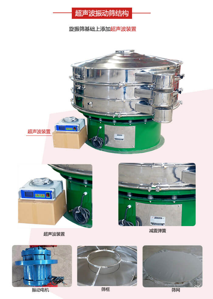 圓篩機(jī)內(nèi)部結(jié)構(gòu)：主要由振動(dòng)電機(jī)、篩框、篩網(wǎng)、超聲波系統(tǒng)、減震彈簧等展示圖