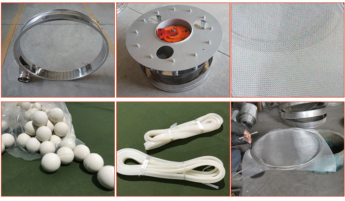800型全不銹鋼振動篩配件有：振動篩篩框，電機(jī)，不銹鋼篩網(wǎng)等。