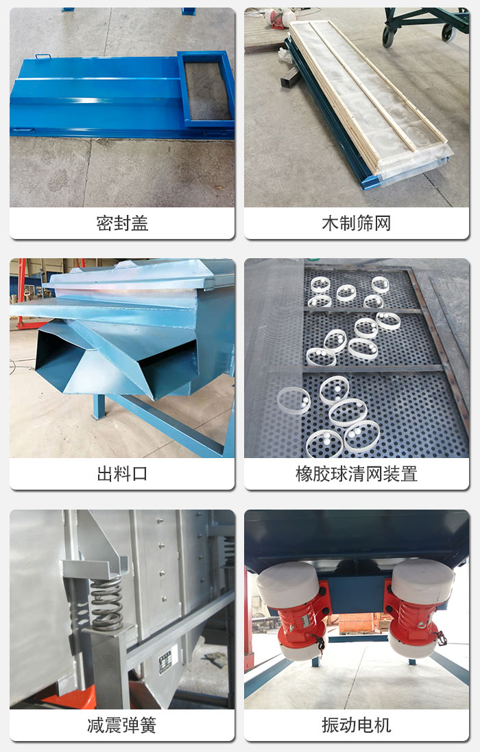 直線篩結(jié)構(gòu)展示：篩網(wǎng)，篩箱，振動(dòng)電機(jī)，振動(dòng)電機(jī)座，減震彈簧，支架等部件展示圖
