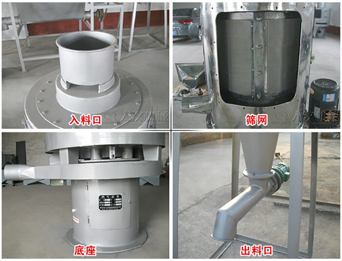 氣流篩部件展示：入料口，篩網(wǎng)，底座，出料口等。