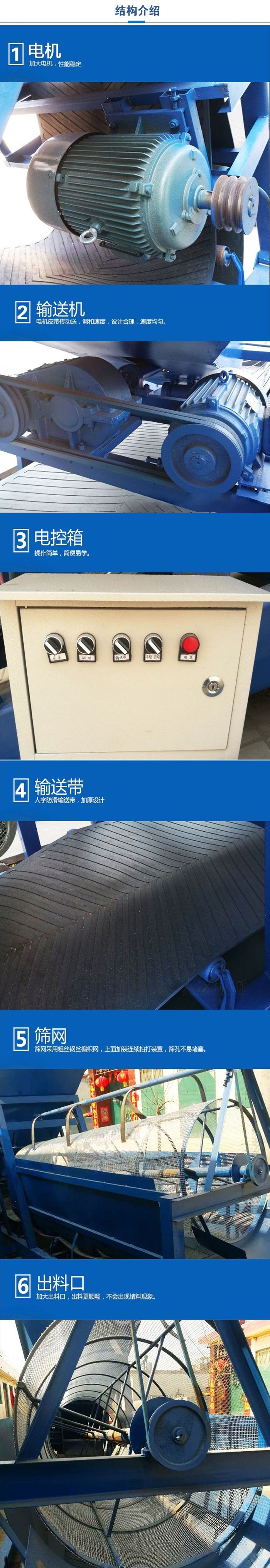移動篩沙機結構:電機，加大電機，性能相對比較穩(wěn)定。輸送機：電機皮帶傳動送，調和速度，設計合理，速度均勻。電控箱：操作簡單，簡便易學。輸送帶：人字防滑輸送帶，加厚設計。篩網，采用粗絲鋼絲編織而成的篩網，上面加裝連續(xù)拍打裝置，篩孔不易堵塞。出料口：加大出料口，出料更順暢，不會出現(xiàn)堵料現(xiàn)象。
