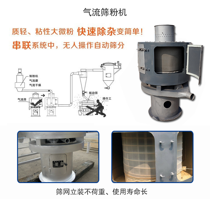 氣流篩粉機(jī)適用：質(zhì)輕，粘性大微粉采用串聯(lián)系統(tǒng)重，無(wú)人操作自動(dòng)篩分 特點(diǎn)：篩網(wǎng)立裝不負(fù)重，使用壽命長(zhǎng)。